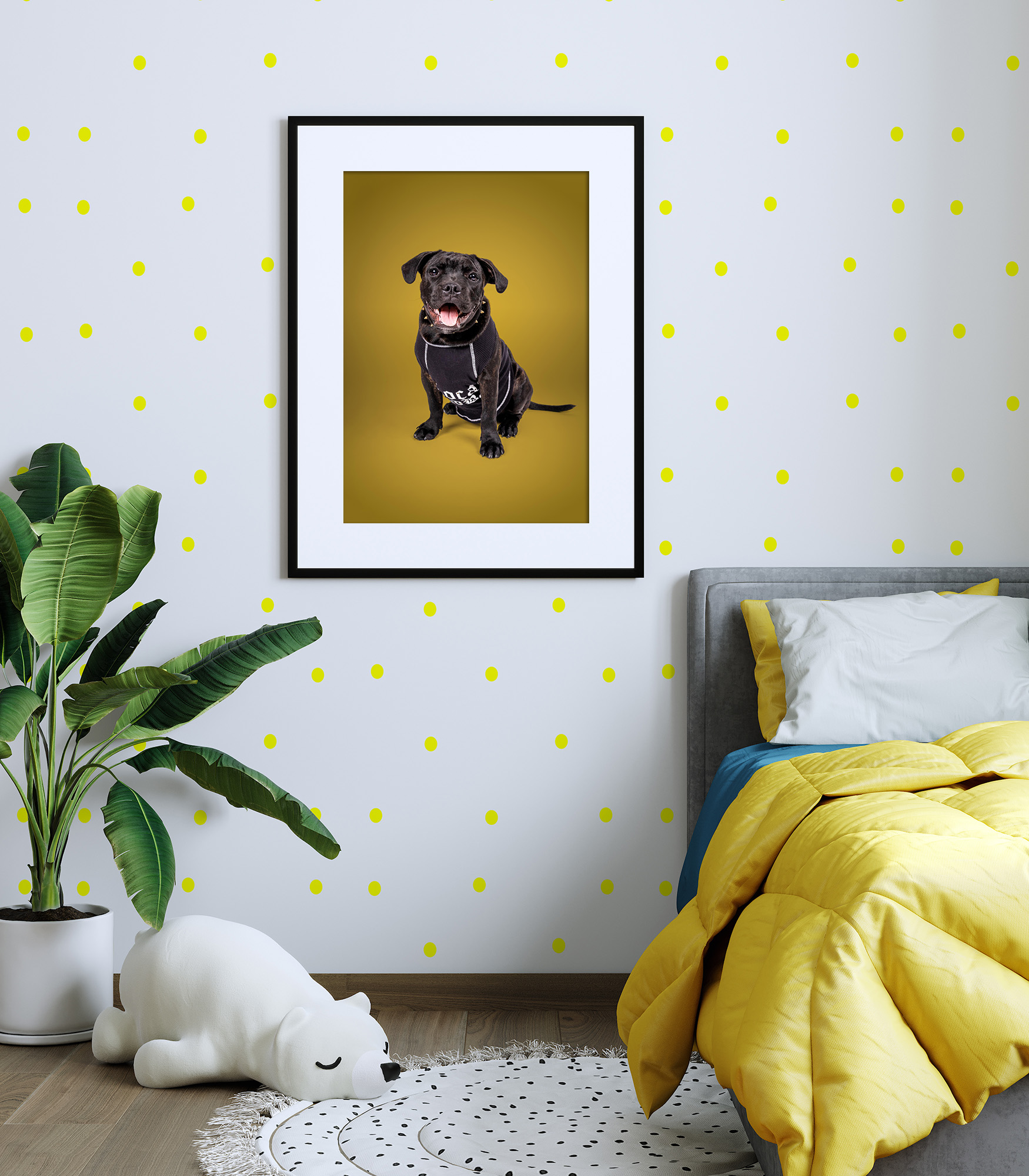 Bright yellow kids bedroom with yellow puppy wall art.